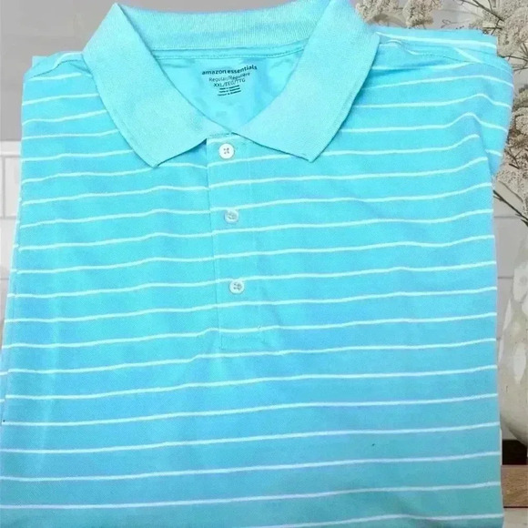 🆕 Men’s Amazon Essentials Light Blue Striped Polo Shirt-2X - Picture 1 of 7
